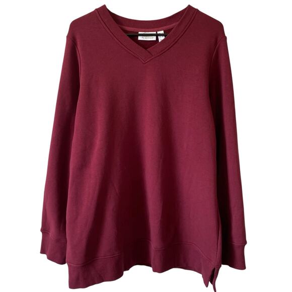 DENIM & CO ACTIVE NWOT Faux Fur Lined Tunic Sweatshirt Red Size Large V Neck - Picture 1 of 5
